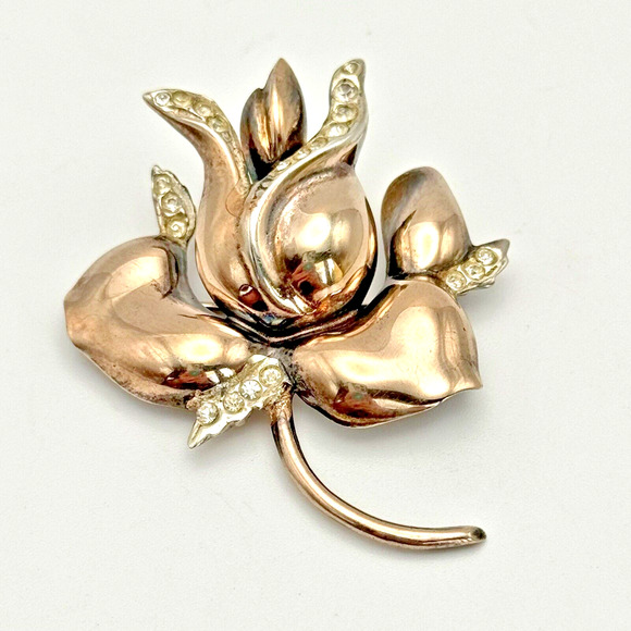 Vintage Rose Gold Vermeil Sterling Silver Rhinestone Flower Rose Brooch 3-D 1.5